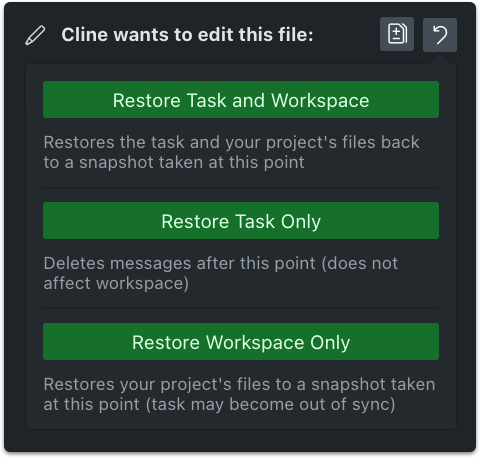 cline Checkpoints: Compare and Restore